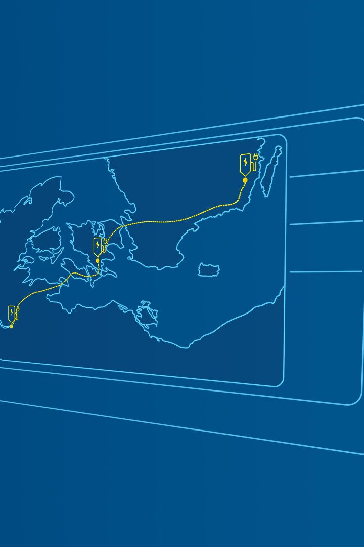 Landkarte mit langer Route und Ladestationen auf dem Weg