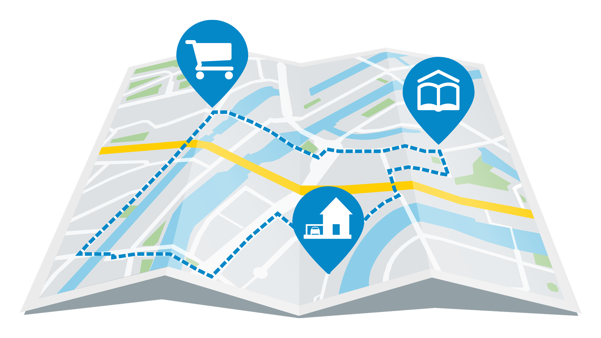 Ein Stadtplan, auf dem eine Route von Zuhause, zum Supermarkt und zur Schule eingetragen sind