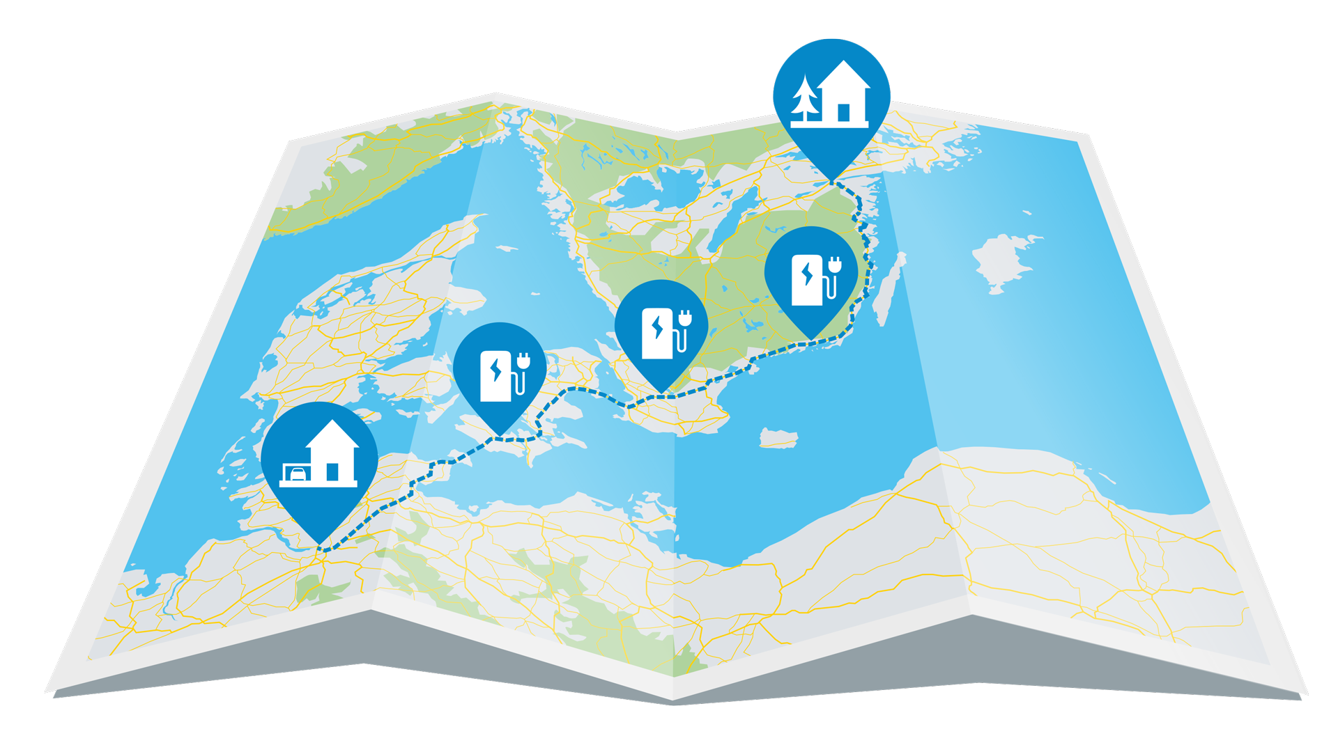 Landkarte von Nordeuropa, das die Route vom eigenen Zuhause bis zum Urlaubsziel zeigt. Auf dem Weg sind mehrere Ladestationen