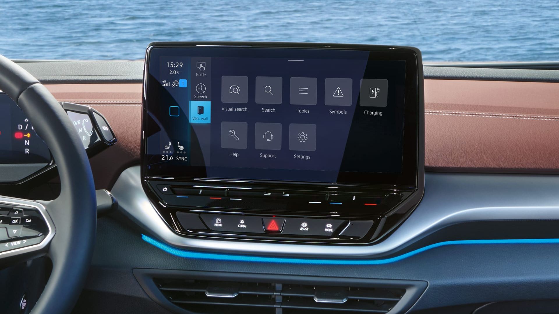 Infotainment-System in einem ID.5, auf dem Screen ist das Digitale Bordbuch zu sehen