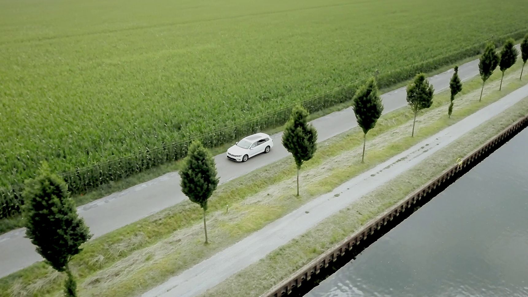 Der e-Golf auf einer Straße an einem Kanal