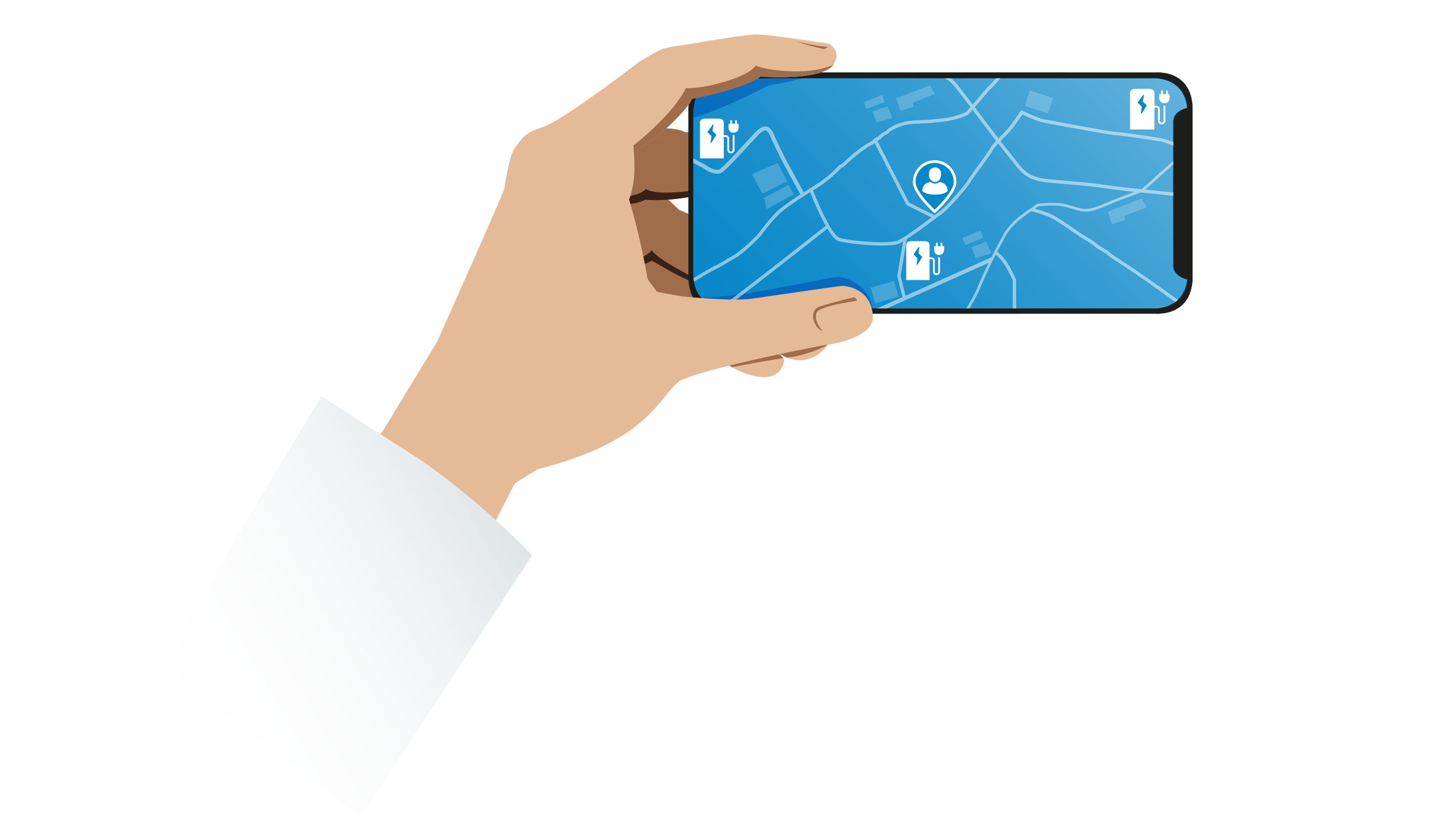 Illustration eines Smartphones mit Positionsnadel, die eine Ladestation auf einer Karte anzeigt.