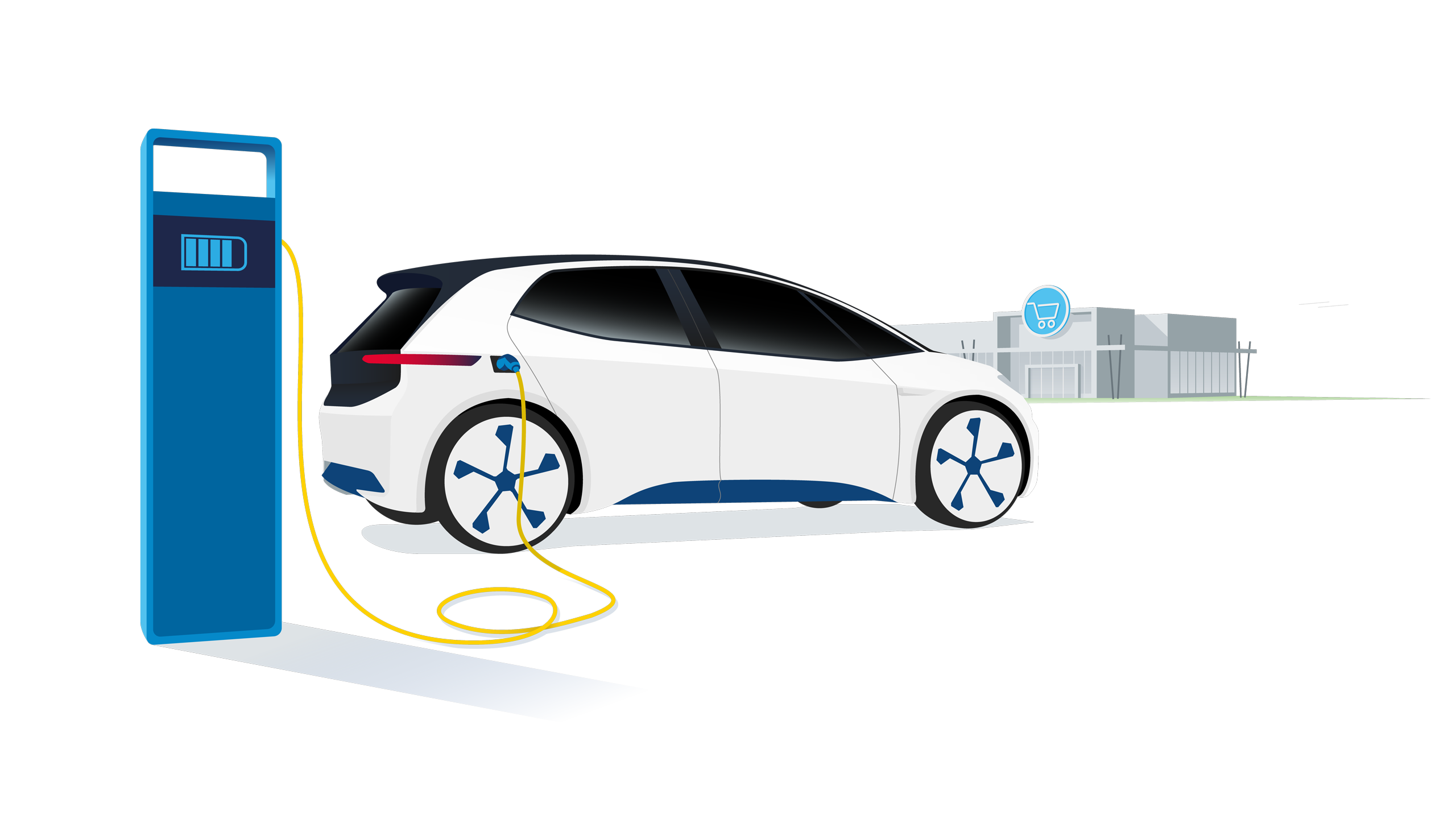 Ein Elektrofahrzeug wird auf dem Parkplatz eines Möbelhaus geladen.