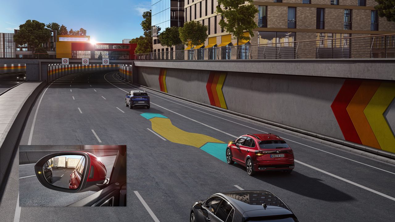 Grafik zeigt den Park Assist beim VW Taigo